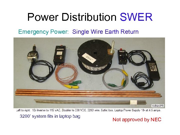 Power Distribution SWER Emergency Power: Single Wire Earth Return 3200’ system fits in laptop