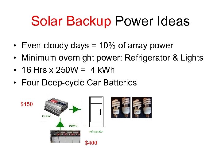 Solar Backup Power Ideas • • Even cloudy days = 10% of array power
