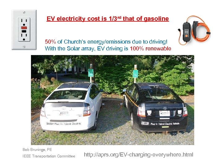EV electricity cost is 1/3 rd that of gasoline 50% of Church’s energy/emissions due