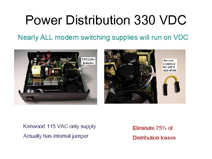 Power Distribution 330 VDC Nearly ALL modern switching supplies will run on VDC Kenwood