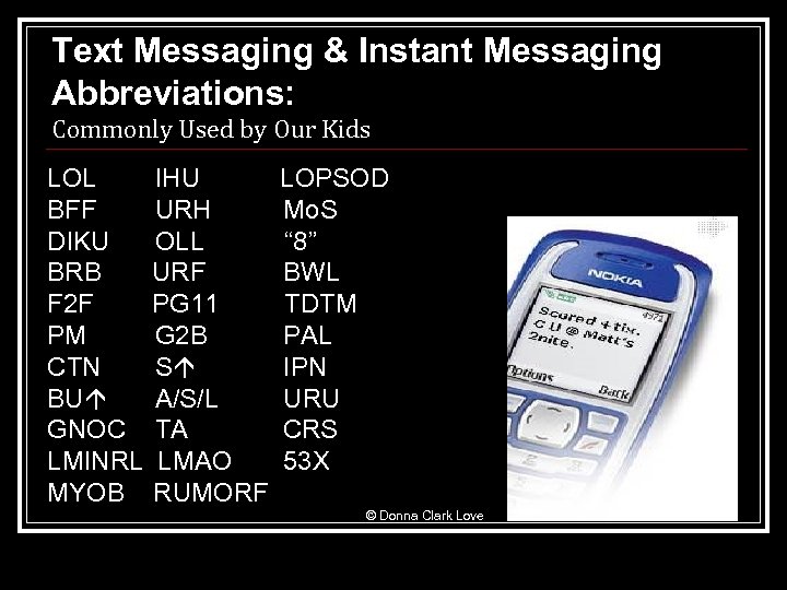 Text Messaging & Instant Messaging Abbreviations: Commonly Used by Our Kids LOL BFF DIKU
