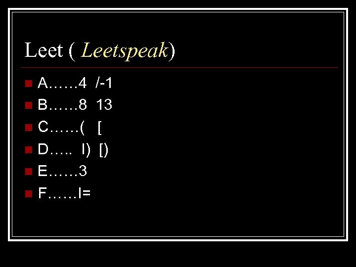 Leet ( Leetspeak) A…… 4 n B…… 8 n C……( n D…. . I)
