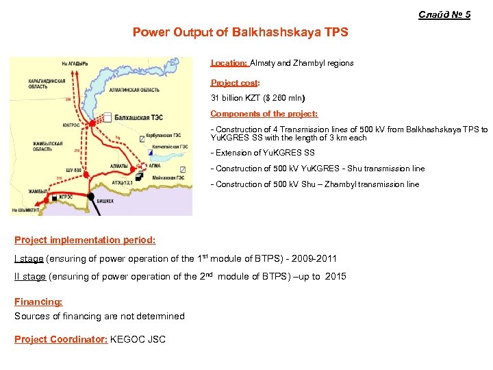 Слайд № 5 Power Output of Balkhashskaya TPS Location: Almaty and Zhambyl regions Project