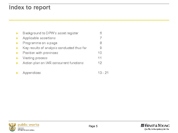 Index to report ► Background to DPW’s asset register Applicable assertions Programme on a