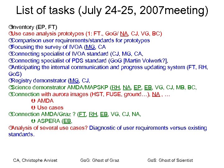 List of tasks (July 24 -25, 2007 meeting) · Inventory (EP, FT) · Use