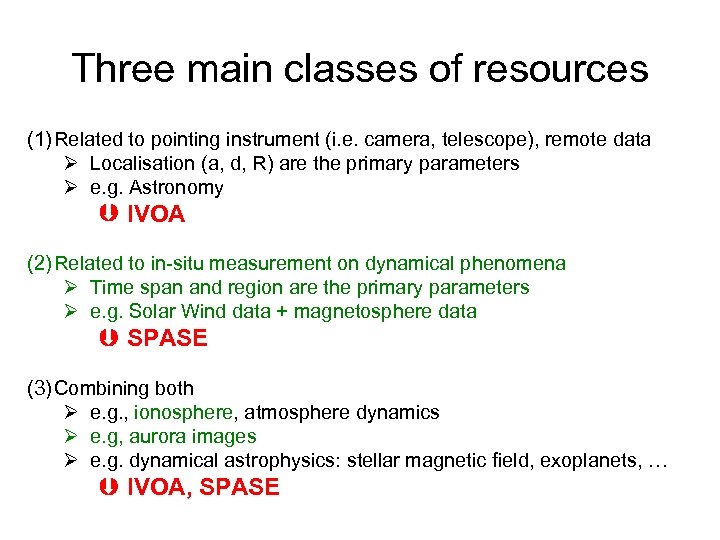 Three main classes of resources (1) Related to pointing instrument (i. e. camera, telescope),