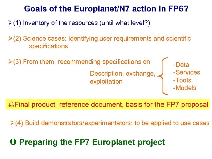 Goals of the Europlanet/N 7 action in FP 6? Ø(1) Inventory of the resources