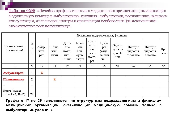 Таблица 0600 «Лечебно-профилактические медицинские организации, оказывающие медицинскую помощь в амбулаторных условиях: амбулатории, поликлиники, женские