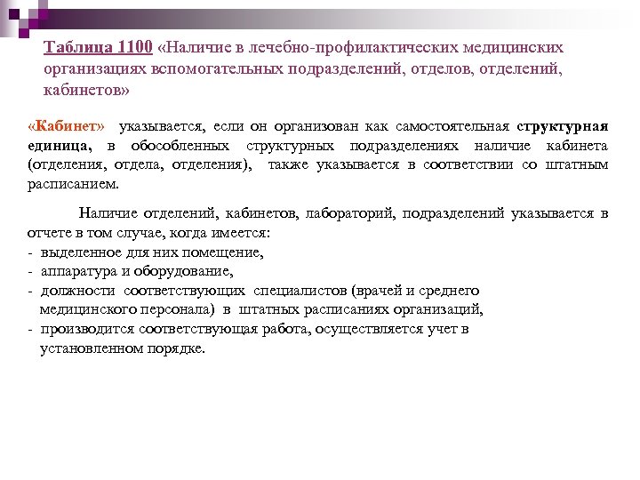 Таблица 1100 «Наличие в лечебно-профилактических медицинских организациях вспомогательных подразделений, отделов, отделений, кабинетов» «Кабинет» указывается,