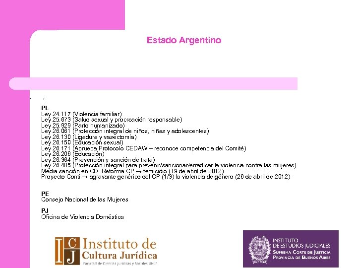 Estado Argentino l } PL Ley 24. 117 (Violencia familiar) Ley 25. 673 (Salud