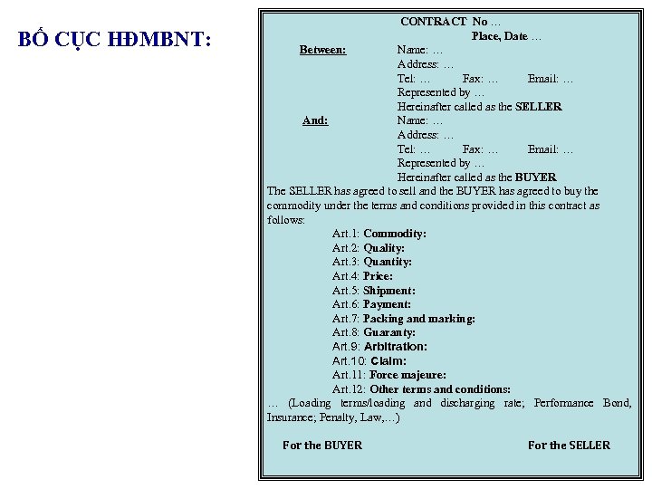 BỐ CỤC HĐMBNT: CONTRACT No … Place, Date … Between: Name: … Address: …