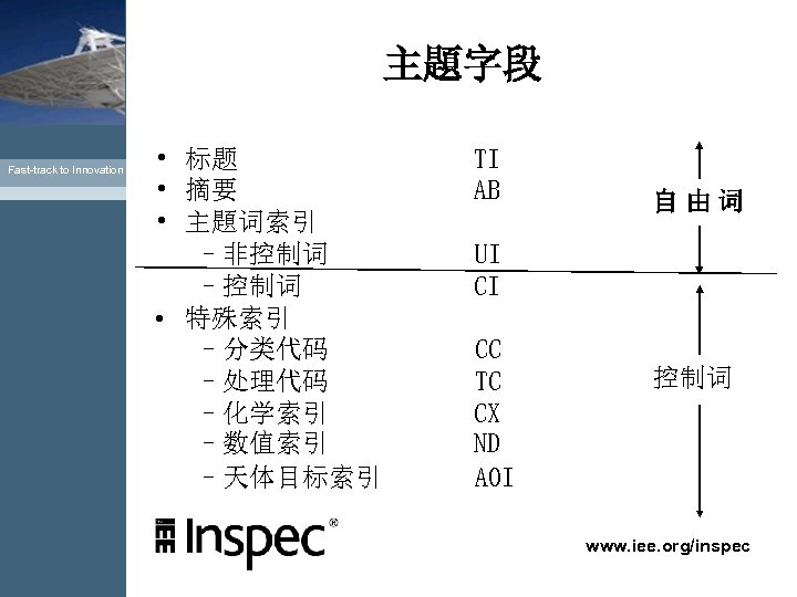 主題字段 Fast-track to Innovation • 标题 • 摘要 • 主題词索引 –非控制词 –控制词 • 特殊索引
