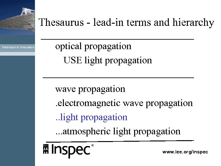 Thesaurus - lead-in terms and hierarchy Fast-track to Innovation optical propagation USE light propagation