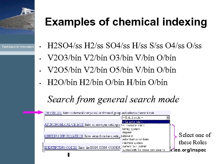 Examples of chemical indexing Fast-track to Innovation • • H 2 SO 4/ss H