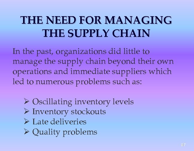THE NEED FOR MANAGING THE SUPPLY CHAIN In the past, organizations did little to