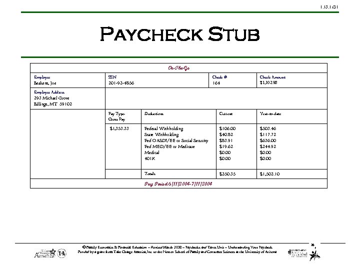 1. 13. 1. G 1 Paycheck Stub On-The-Go Employee SSN Check # Beakens, Joe