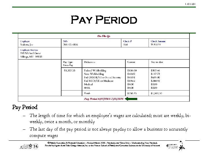 1. 13. 1. G 1 Pay Period – The length of time for which