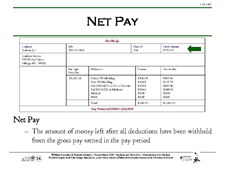 1. 13. 1. G 1 Net Pay – The amount of money left after