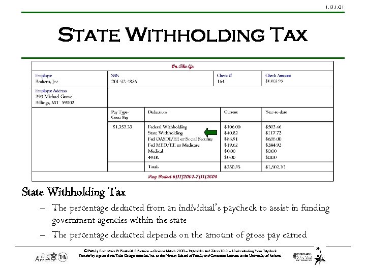 1. 13. 1. G 1 State Withholding Tax – The percentage deducted from an