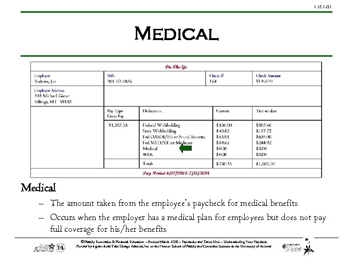 1. 13. 1. G 1 Medical – The amount taken from the employee’s paycheck