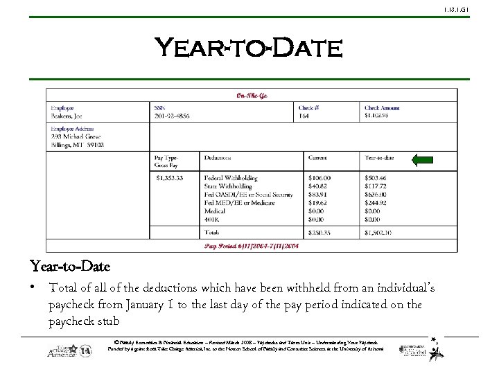 1. 13. 1. G 1 Year-to-Date • Total of all of the deductions which