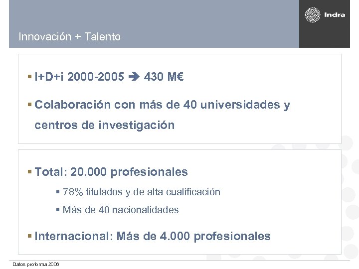 Innovación + Talento § I+D+i 2000 -2005 430 M€ § Colaboración con más de