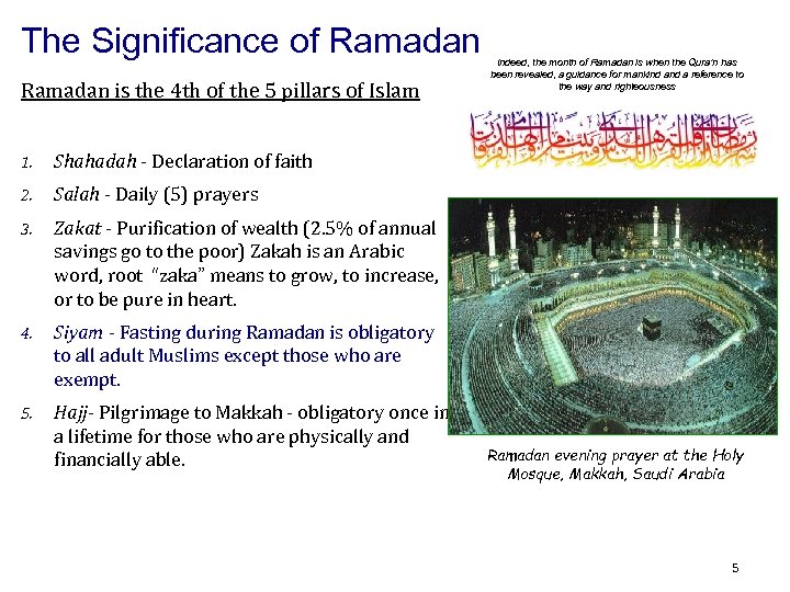 The Significance of Ramadan is the 4 th of the 5 pillars of Islam