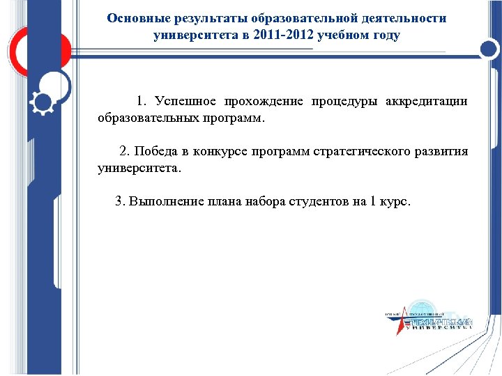 Основные результаты образовательной деятельности университета в 2011 -2012 учебном году 1. Успешное прохождение процедуры