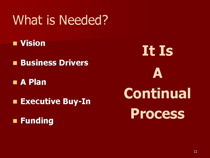 What is Needed? n Vision n Business Drivers n A Plan n Executive Buy-In