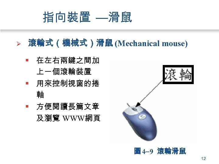 指向裝置 —滑鼠 Ø 滾輪式（機械式）滑鼠 (Mechanical mouse) § 在左右兩鍵之間加 上一個滾輪裝置 § 用來控制視窗的捲 軸 § 方便閱讀長篇文章