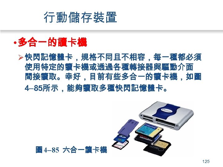 行動儲存裝置 • 多合一的讀卡機 Ø 快閃記憶體卡，規格不同且不相容，每一種都必須 使用特定的讀卡機或透過各種轉接器與驅動介面 間接讀取。幸好，目前有些多合一的讀卡機，如圖 4 85所示，能夠讀取多種快閃記憶體卡。 圖 4 85 六合一讀卡機 125