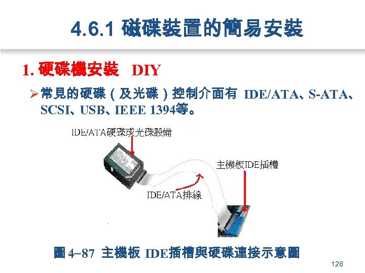 4. 6. 1 磁碟裝置的簡易安裝 1. 硬碟機安裝 DIY Ø 常見的硬碟（及光碟）控制介面有 IDE/ATA、 S-ATA、 SCSI、 USB、 IEEE