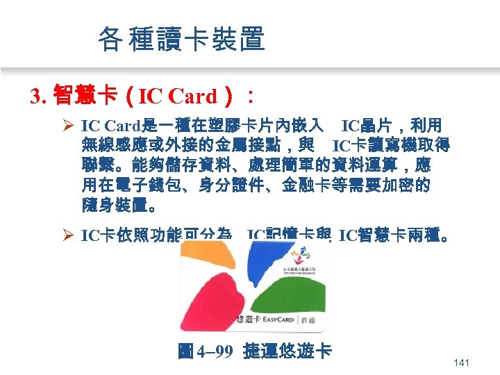 各 種讀卡裝置 3. 智慧卡（IC Card）： Ø IC Card是一種在塑膠卡片內嵌入 IC晶片，利用 無線感應或外接的金屬接點，與 IC卡讀寫機取得 聯繫。能夠儲存資料、處理簡單的資料運算，應 用在電子錢包、身分證件、金融卡等需要加密的 隨身裝置。