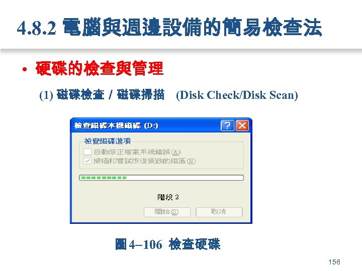 4. 8. 2 電腦與週邊設備的簡易檢查法 • 硬碟的檢查與管理 (1) 磁碟檢查／磁碟掃描 (Disk Check/Disk Scan) 圖 4 106