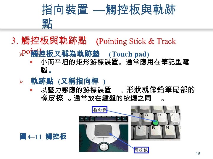 指向裝置 —觸控板與軌跡 點 3. 觸控板與軌跡點 (Pointing Stick & Track point) Ø 觸控板又稱為軌跡墊 § Ø