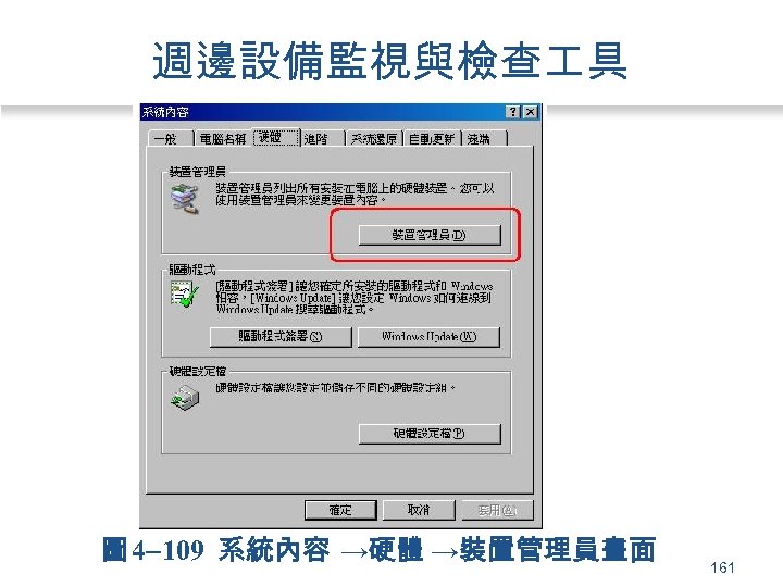 週邊設備監視與檢查 具 圖 4 109 系統內容 →硬體 →裝置管理員畫面 161 