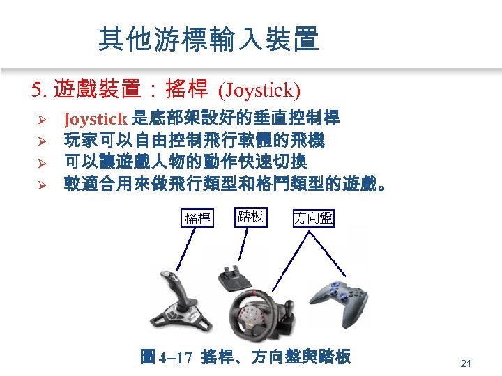其他游標輸入裝置 5. 遊戲裝置：搖桿 (Joystick) Ø Ø Joystick 是底部架設好的垂直控制桿 玩家可以自由控制飛行軟體的飛機 可以讓遊戲人物的動作快速切換 較適合用來做飛行類型和格鬥類型的遊戲。 圖 4 17