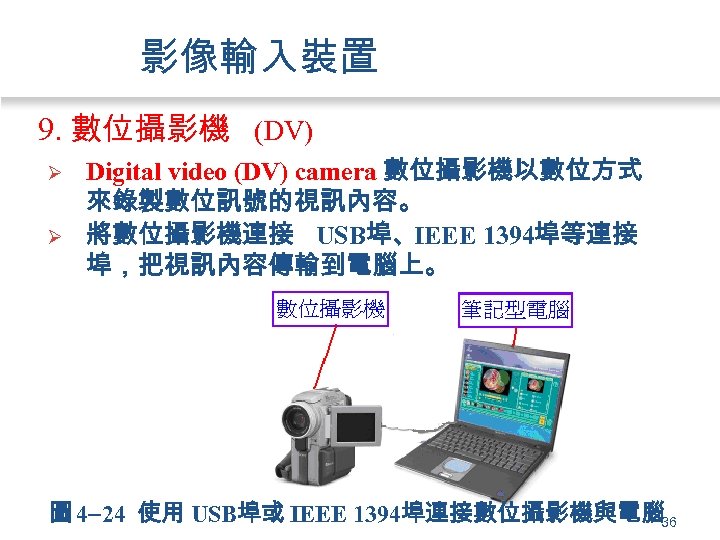 影像輸入裝置 9. 數位攝影機 (DV) Ø Ø Digital video (DV) camera 數位攝影機以數位方式 來錄製數位訊號的視訊內容。 將數位攝影機連接 USB埠、IEEE