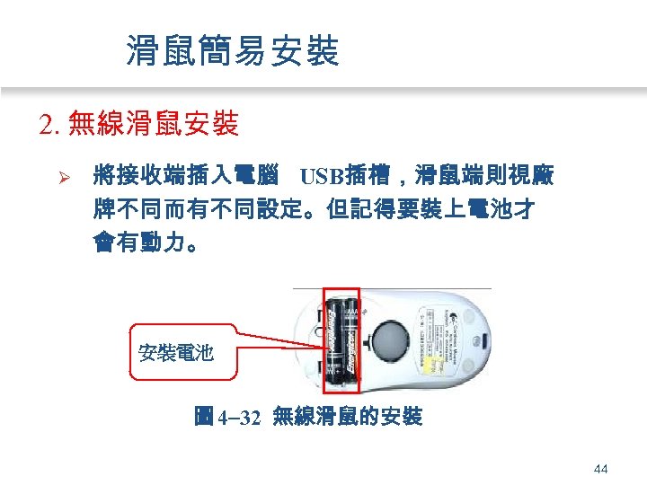 滑鼠簡易安裝 2. 無線滑鼠安裝 Ø 將接收端插入電腦 USB插槽，滑鼠端則視廠 牌不同而有不同設定。但記得要裝上電池才 會有動力。 安裝電池 圖 4 32 無線滑鼠的安裝 44