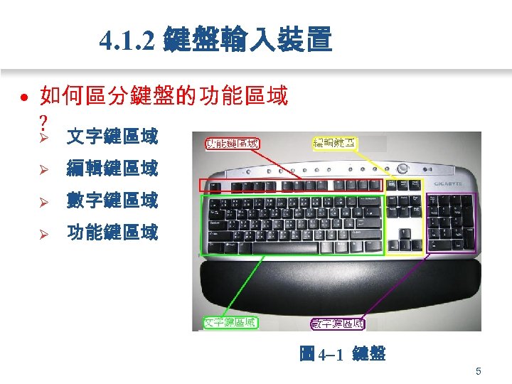 4. 1. 2 鍵盤輸入裝置 • 如何區分鍵盤的功能區域 ? Ø 文字鍵區域 Ø 編輯鍵區域 Ø 數字鍵區域 Ø