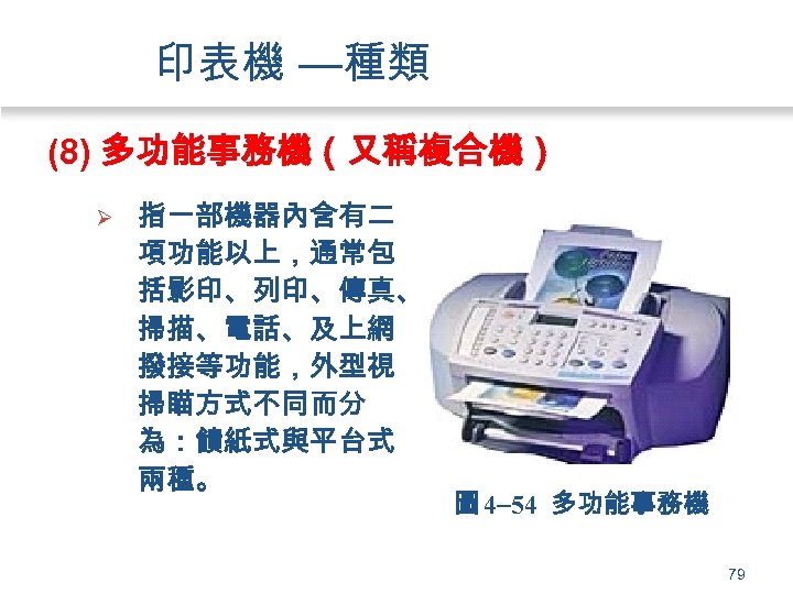 印表機 —種類 (8) 多功能事務機（又稱複合機） Ø 指一部機器內含有二 項功能以上，通常包 括影印、列印、傳真、 掃描、電話、及上網 撥接等功能，外型視 掃瞄方式不同而分 為：饋紙式與平台式 兩種。 圖
