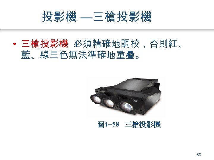投影機 —三槍投影機 • 三槍投影機 必須精確地調校，否則紅、 藍、綠三色無法準確地重疊。 圖 4 58 三槍投影機 89 