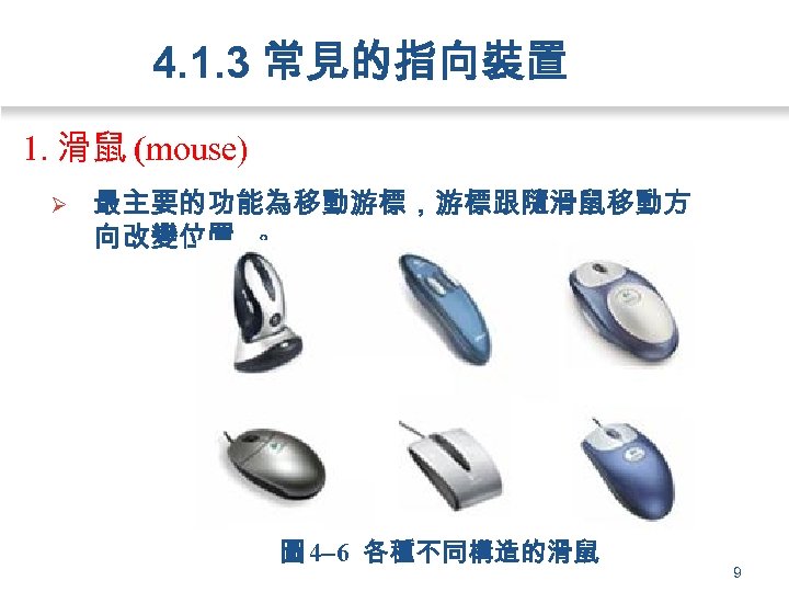 4. 1. 3 常見的指向裝置 1. 滑鼠 (mouse) Ø 最主要的功能為移動游標，游標跟隨滑鼠移動方 向改變位置 。 圖 4 6