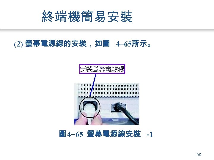 終端機簡易安裝 (2) 螢幕電源線的安裝，如圖 4 65所示。 圖 4 65 螢幕電源線安裝 -1 98 
