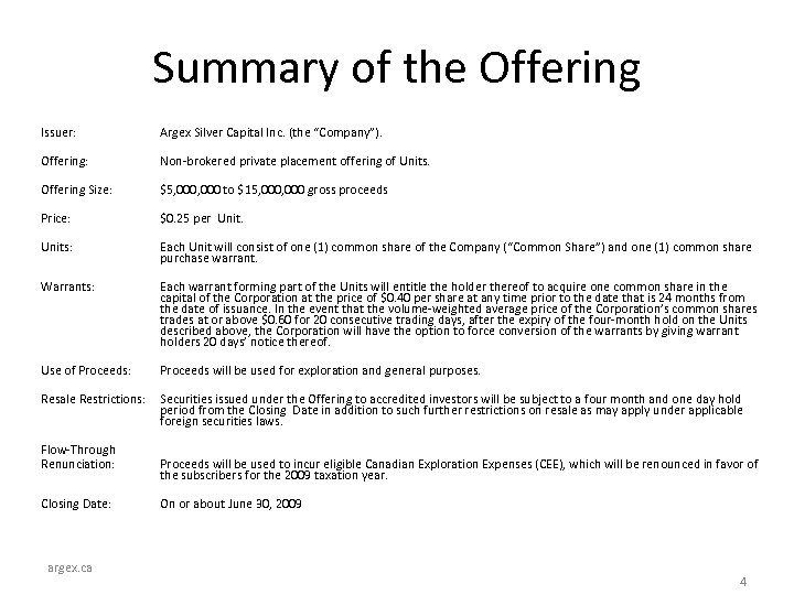 Summary of the Offering Issuer: Argex Silver Capital Inc. (the “Company”). Offering: Non-brokered private