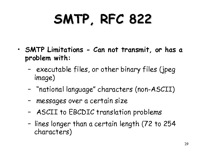 SMTP, RFC 822 • SMTP Limitations - Can not transmit, or has a problem