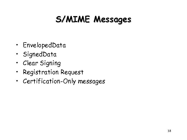 S/MIME Messages • • • Enveloped. Data Signed. Data Clear Signing Registration Request Certification-Only