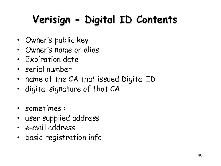 Verisign - Digital ID Contents • • • Owner’s public key Owner’s name or