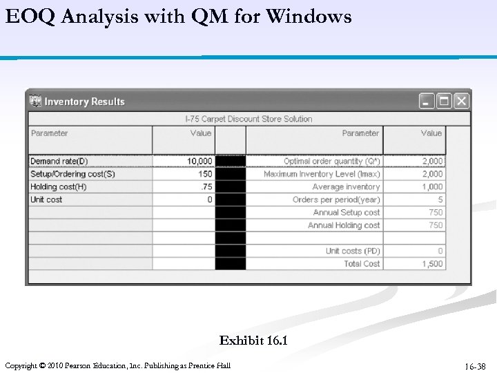 EOQ Analysis with QM for Windows Exhibit 16. 1 Copyright © 2010 Pearson Education,