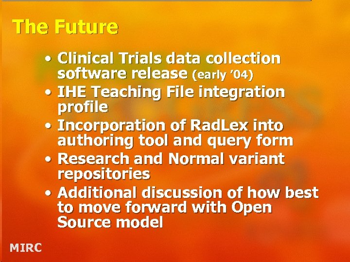 The Future • Clinical Trials data collection software release (early ’ 04) • IHE
